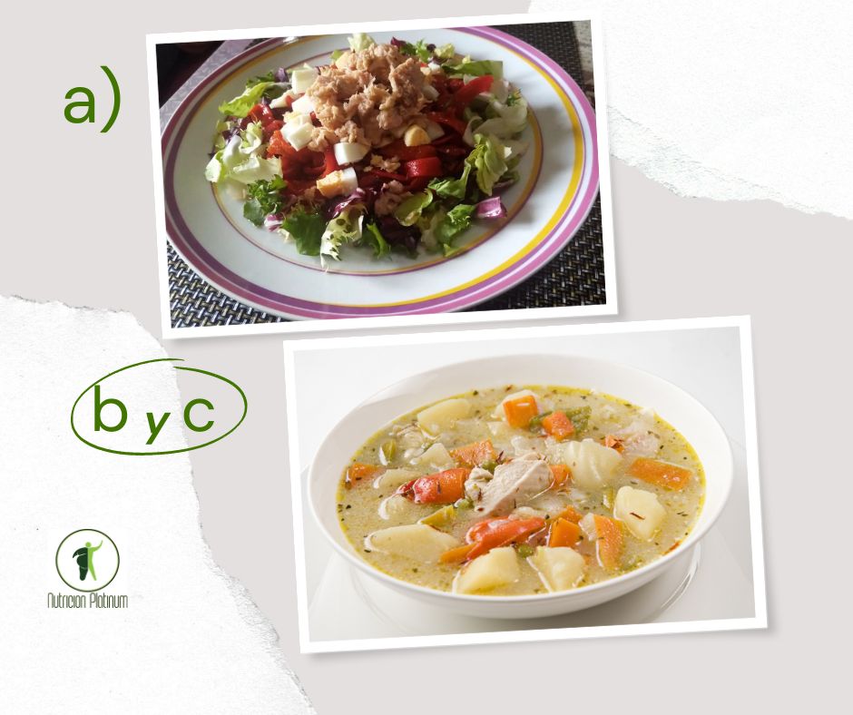 Ensalada de pimientos asados atún y huevo con sopa de pollo con patatas y fideos